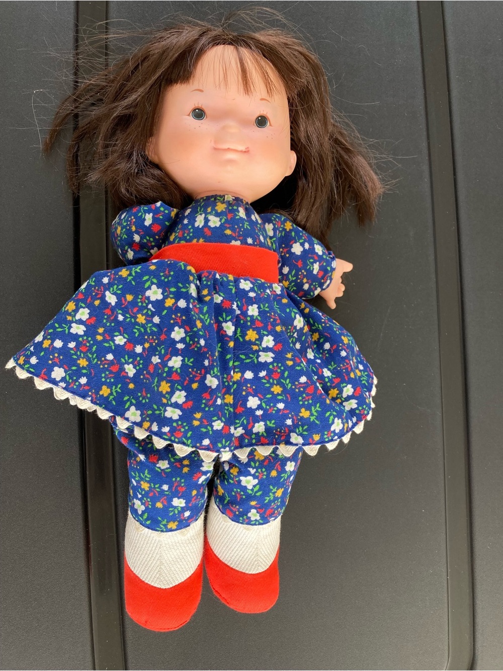 Vintage Fisher-Price Blue Floral Doll with Red Belt and Shoes